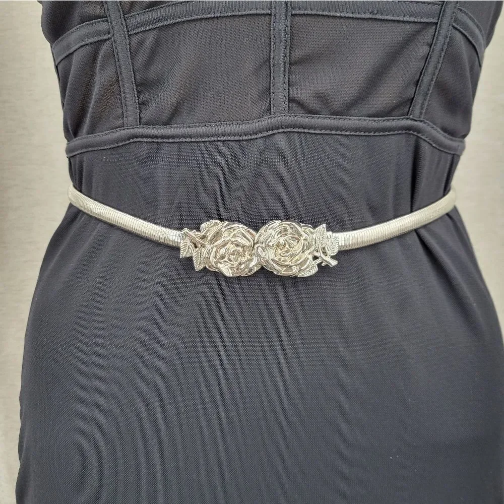 Vintage 80s Silver Toned Slinky Stretch Women's Belt with Rose Buckles Sleek